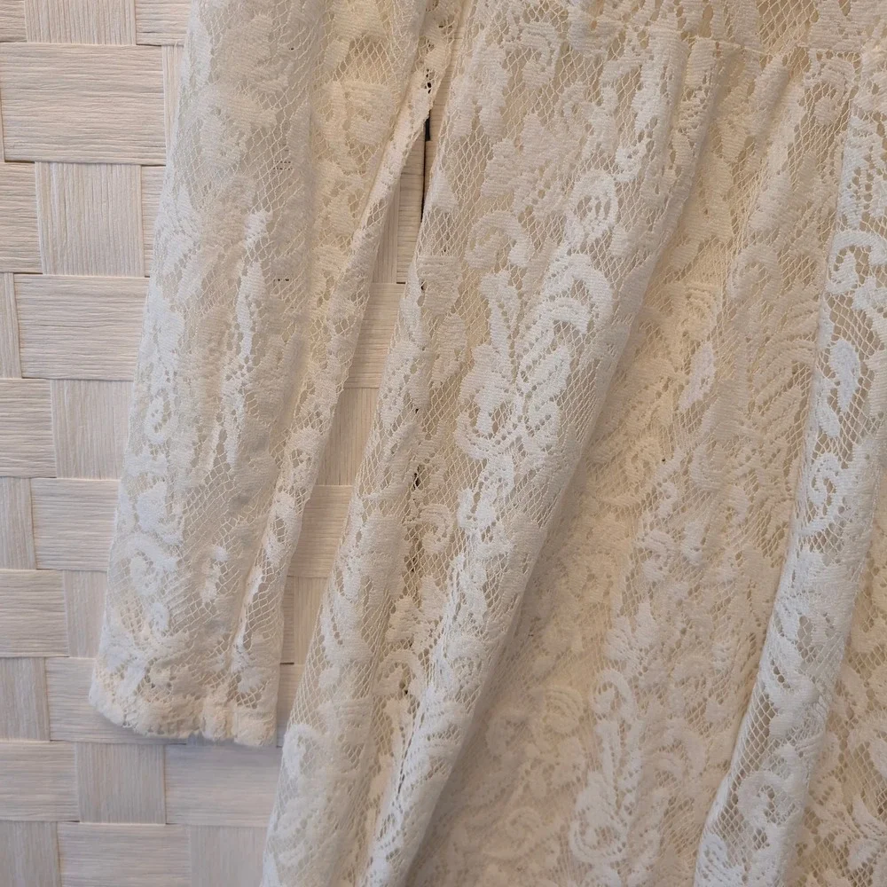 Free People Ivory Floral Lace Mock Neck Long Sleeve High-Low Mini Dress‎ Large